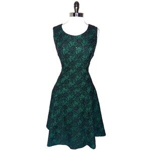 NEW INC International Concepts Sz 16 A-Line Dress Black Green Floral Bonded Lace